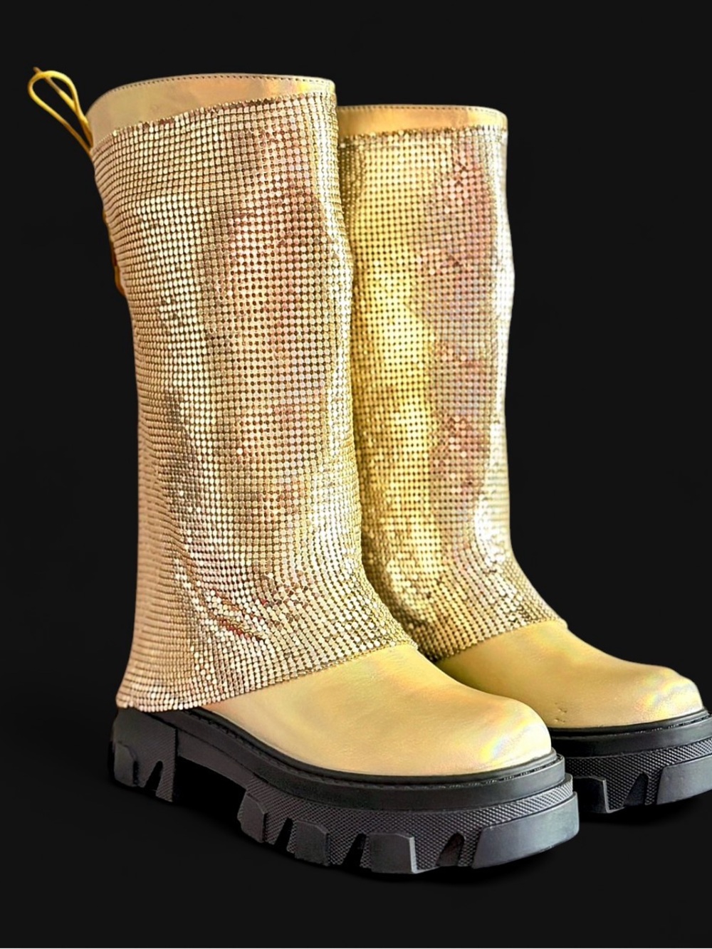 Cape Robbin Gold Rhinestone Lace-Up Mid-Calf Boots